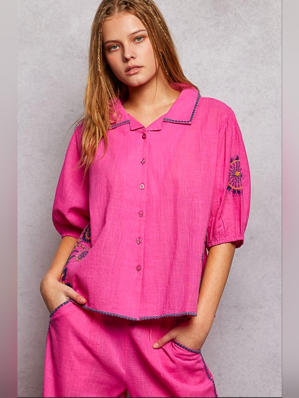 NEW!! 2 PC POL 100% Cotton Pink Wide-Leg Embroidered Pant Set, NWT - Picture 5 of 13